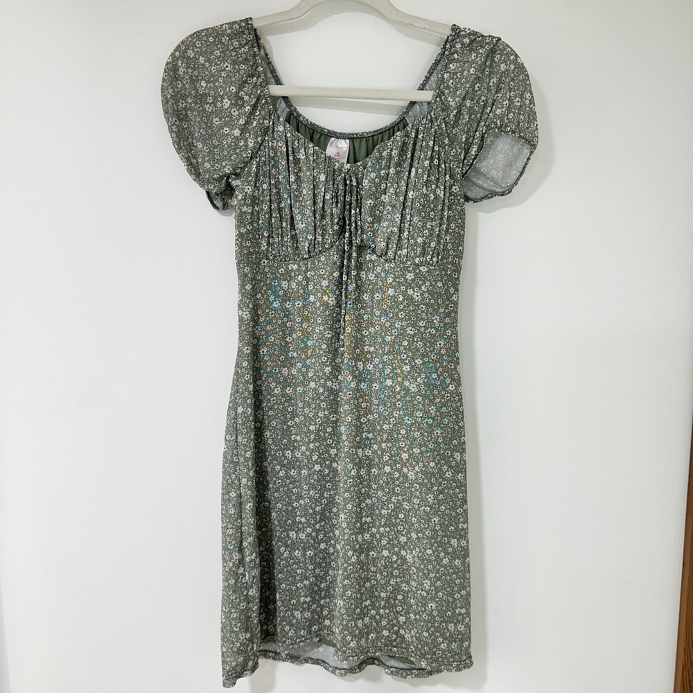 Y2K Floral Puff Sleeve Mini Dress Women's M Green Wedding Guest Cottagecore